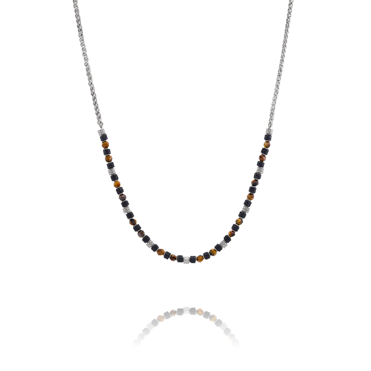 Collier Acier, oeil de tigre et pierre de lave BENGALE